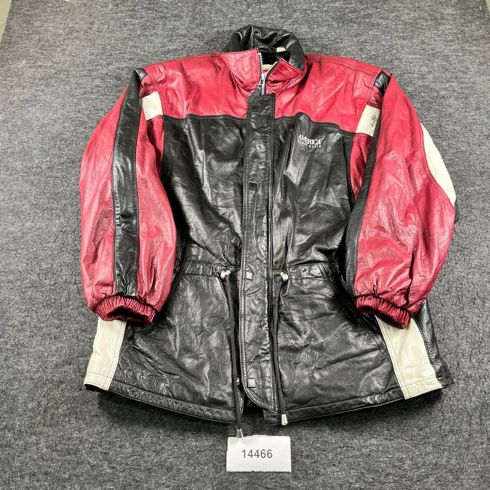 Perry Ellis Jacket Mens L Black Red Vintage Leather Colorblock Parka Coat